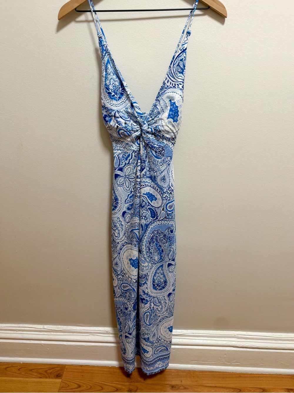 Zara Mediterranean green‎ coastal paisley blue white pattern linen maxi dress S